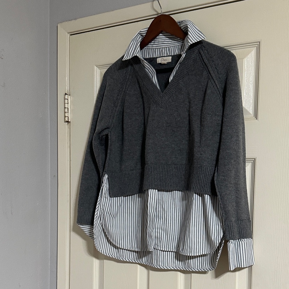 Elan Gray Sweater with white pin Striped Collar Shirt Attached